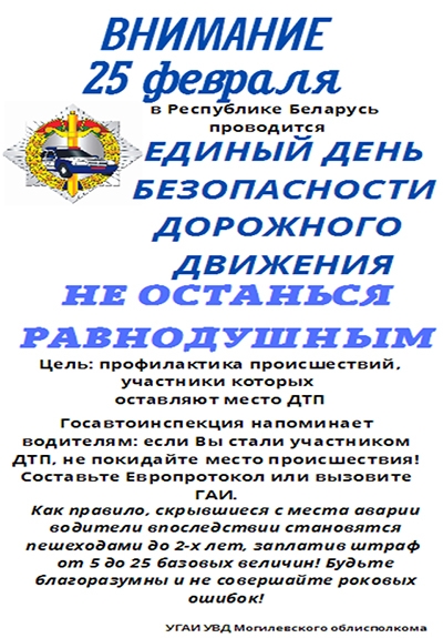 Информационные материалы для проведения профилактической работы в рамках Единого дня безопасности дорожного движения «Не останься равнодушным!» (25 февраля 2022 года)